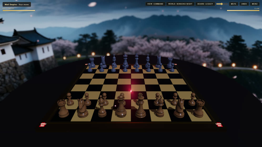 BLOODLINES — chess board under cherry blossom at a Sengoku Japan castle at night