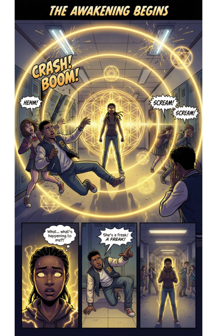 Melanin Guardians Vol. 1, The Awakening Begins: a young Black girl levitates inside a ring of gold light in a school hallway as classmates are thrown back