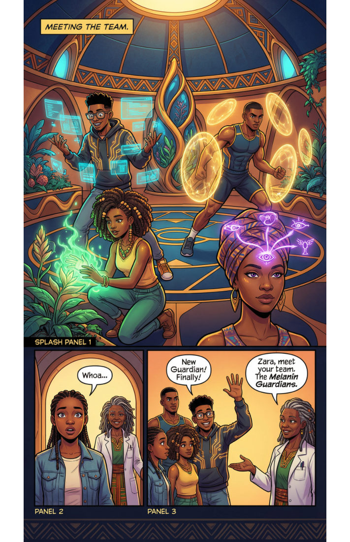 Melanin Guardians Vol. 1, Meeting the Team: the Guardians gathered under a domed chamber, each holding a different colour of energy