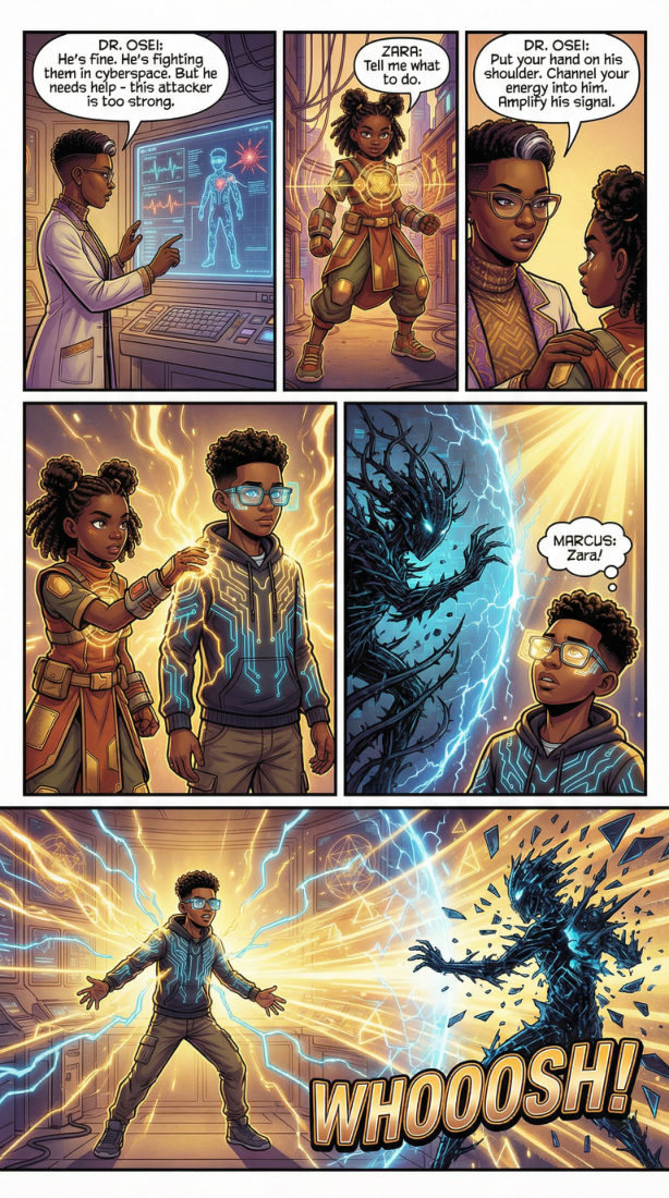 Melanin Guardians Vol. 2: Zara amplifies Marcus's signal and he surges with gold energy against a dark attacker