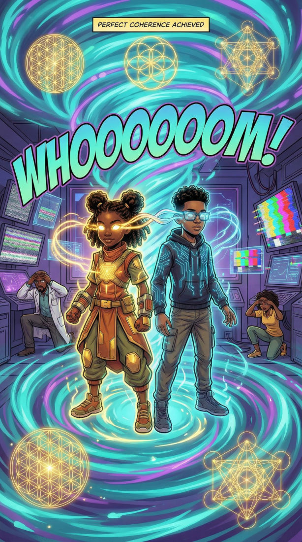 Melanin Guardians Vol. 2: a full-page splash of gold flower-of-life geometry spinning through teal light