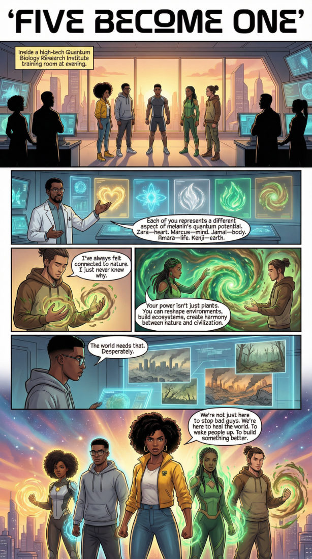 Melanin Guardians Vol. 3, Five Become One: the team silhouetted against a city skyline at sunset inside the research institute