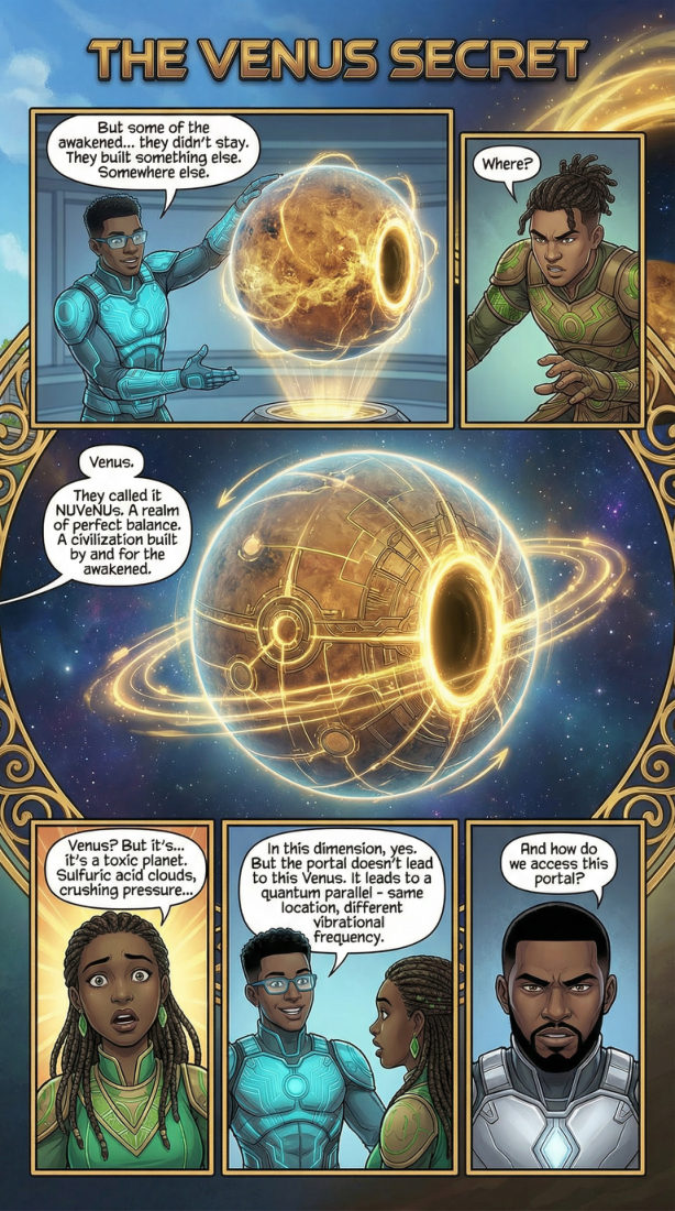 Melanin Guardians Vol. 3, The Venus Secret: a gold-ringed planet burning in deep space above the Guardians