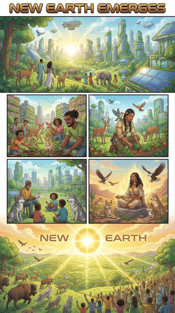Melanin Guardians Vol. 4, New Earth Emerges: a green city of towers and airships under a golden sun