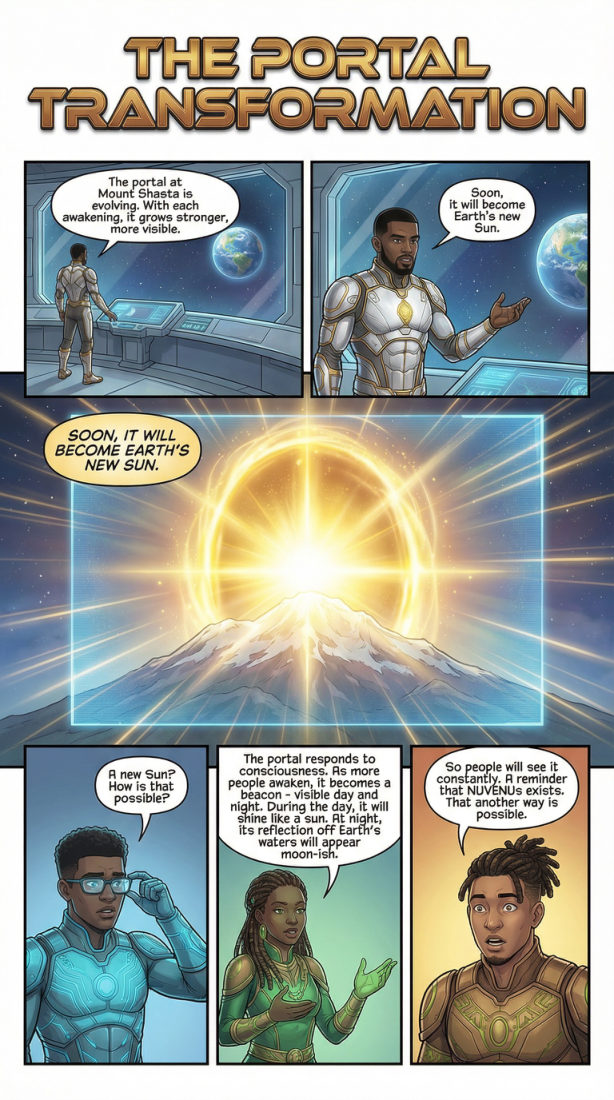 Melanin Guardians Vol. 4, The Portal Transformation: the Mount Shasta portal blazing into a second sun