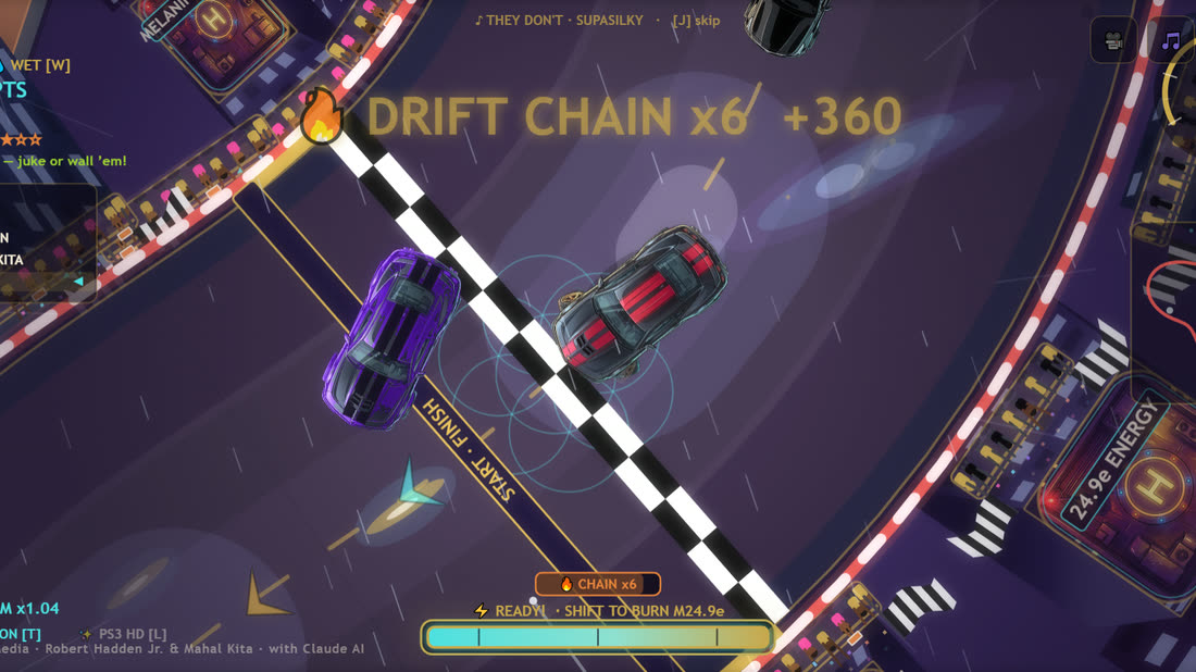 Quantum Motors — top-down neon arcade racer showing a six-car drift chain