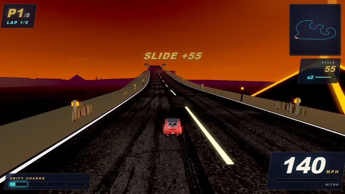 Quantum Motors 3D — sliding along the Egypt track under a red desert sunset