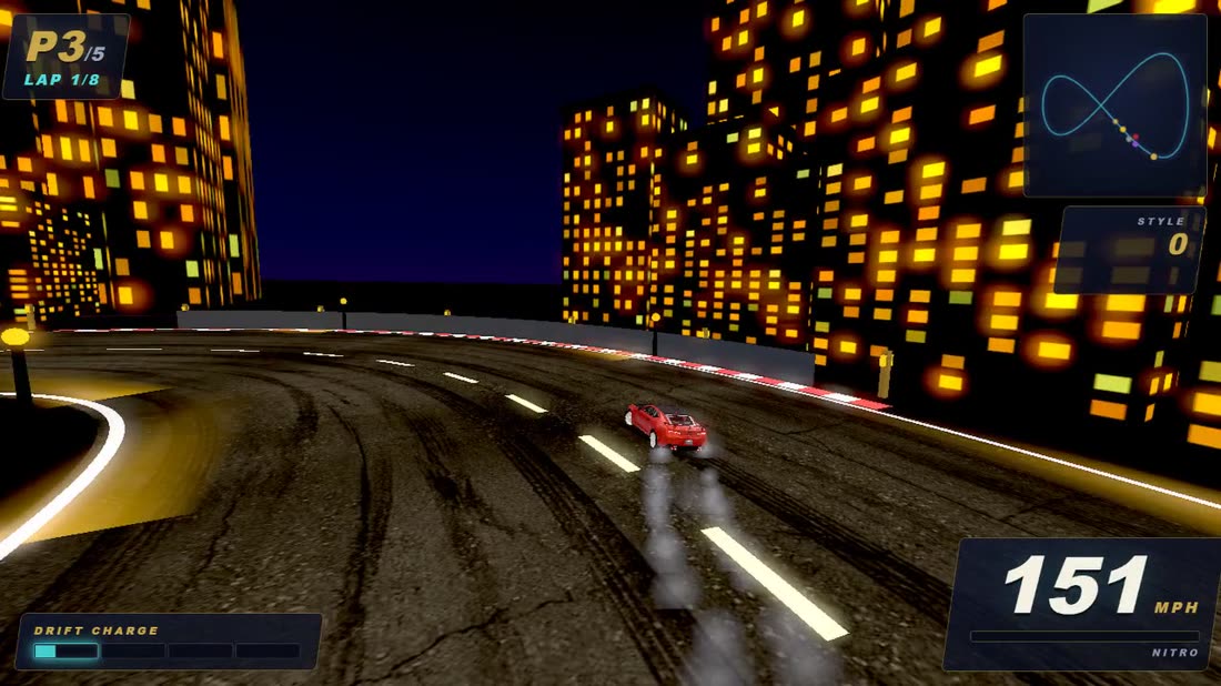 Quantum Motors 3D — a red coupe drifting through the neon Golden City track at 151 mph
