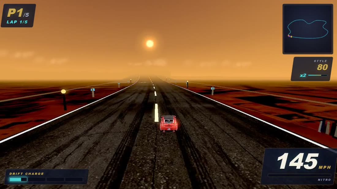 Quantum Motors 3D — the Mali track running toward a low sun over red earth