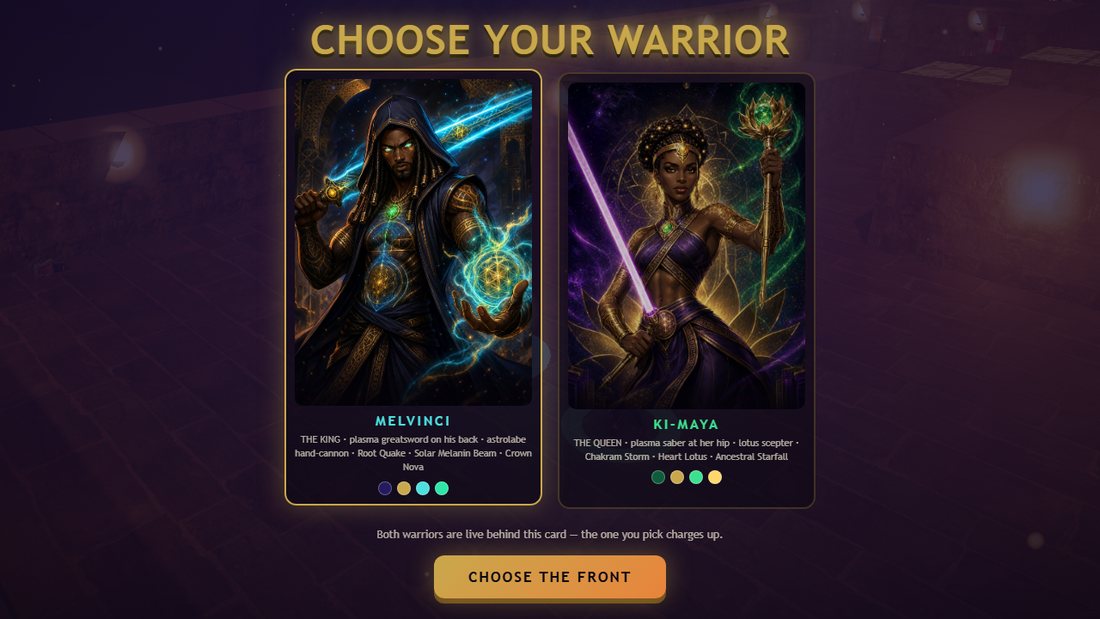 THE UNERASED 3D — choose your warrior: Melvinci with his plasma greatsword, Ki-Maya with her plasma saber and lotus scepter