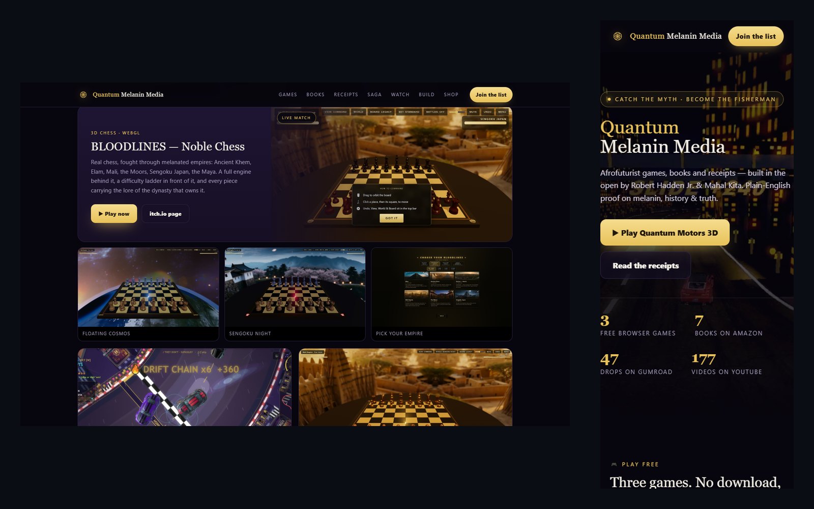 The Quantum Melanin Media homepage shown at desktop width beside the same page on a phone.