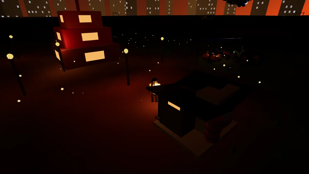 The block at night in C.U.I. 3D, lit by street lamps and a drone's lamp