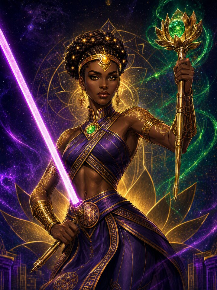 Ki-Maya, the Queen, with her plasma saber and lotus scepter